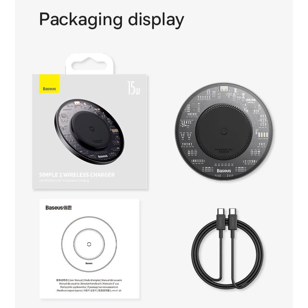 Baseus simple wireless charger with packaging and cable on a white background